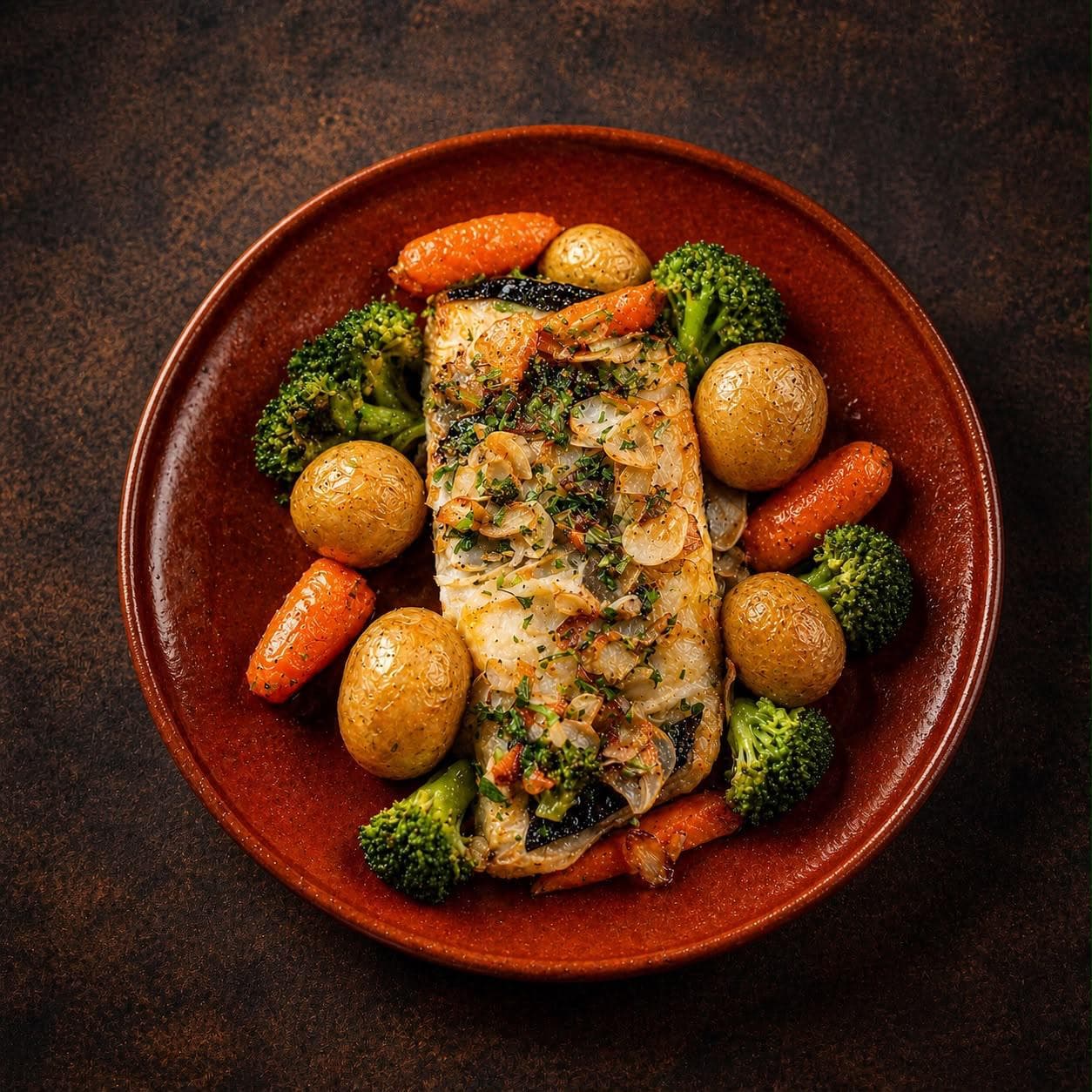 Codfish à Lagareiro with smashed potatoes and golden garlic at O Vareiro