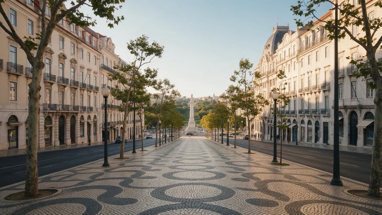 Avenida de Lisboa com calçada portuguesa e o Marquês de Pombal ao fundo