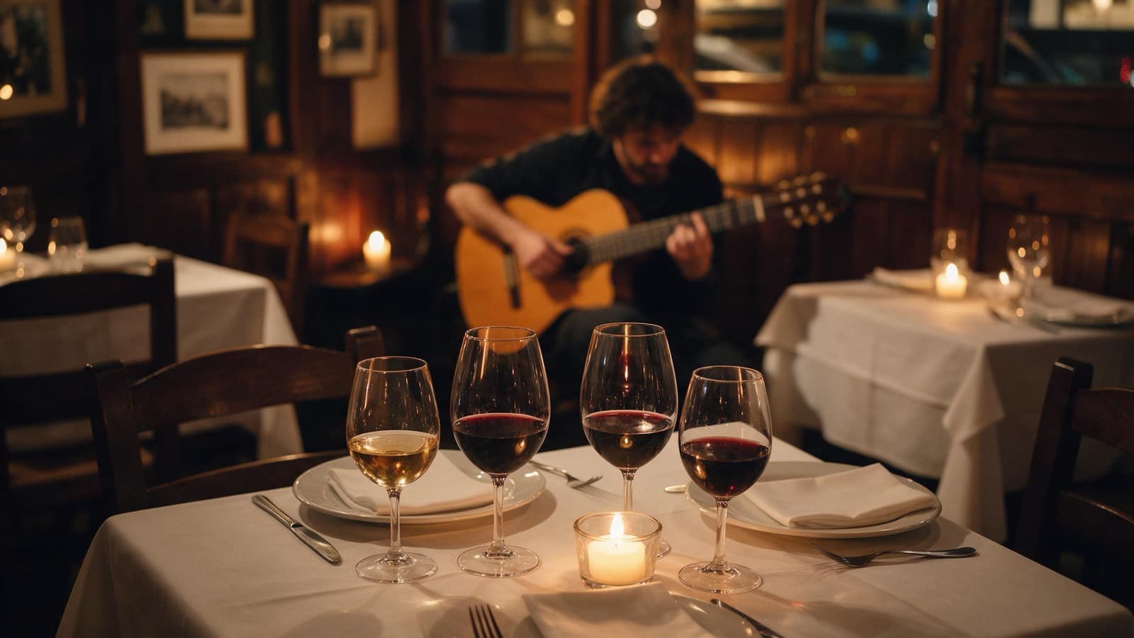 Mesa à luz de velas com copos de vinho e um guitarrista ao fundo