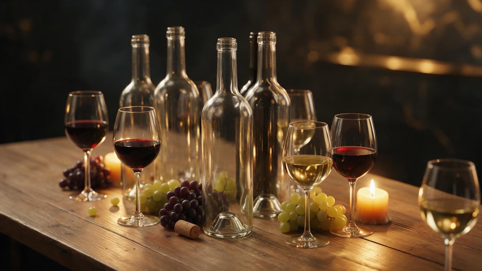 Copos de vinho tinto e branco com uvas numa mesa de madeira