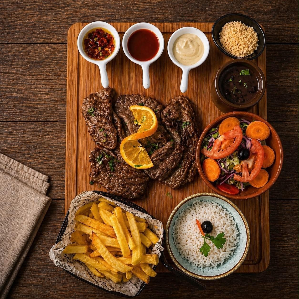 Picanha Black Angus fatiada em tábua de madeira com molhos, arroz e batata frita